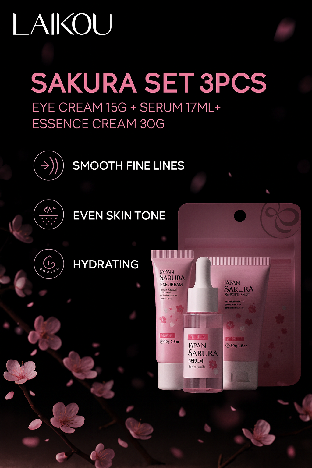 3pcs/set LAIKOU Vitamin C 24K Golden Sakura Skin Care Sets Face Cream Serum Eye Cream Moisturizing Anti Wrinkles Face Care Kit