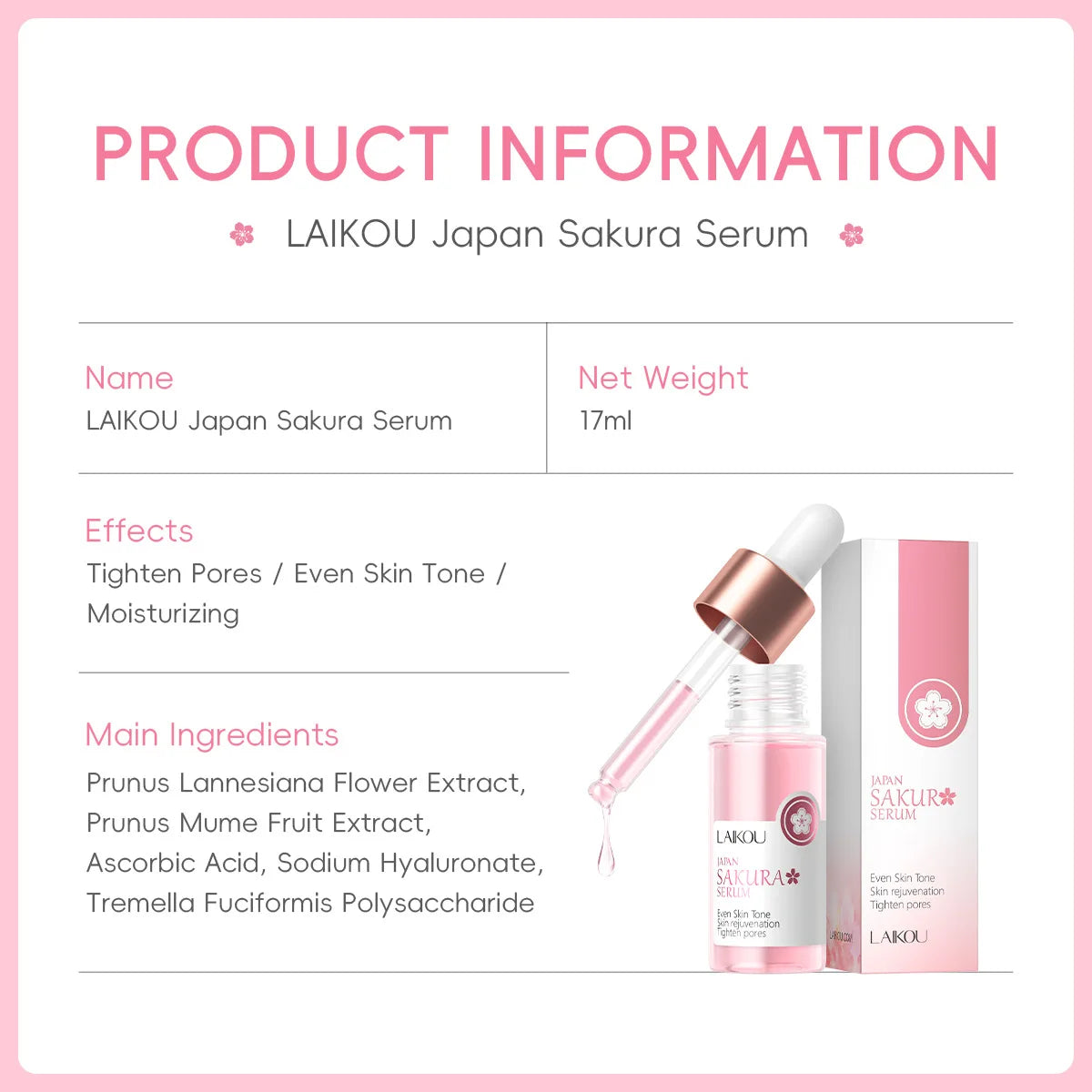 Sakura Facial Serum – 1/2/3 pcs – Éclat & Hydratation à l’Acide Hyaluronique