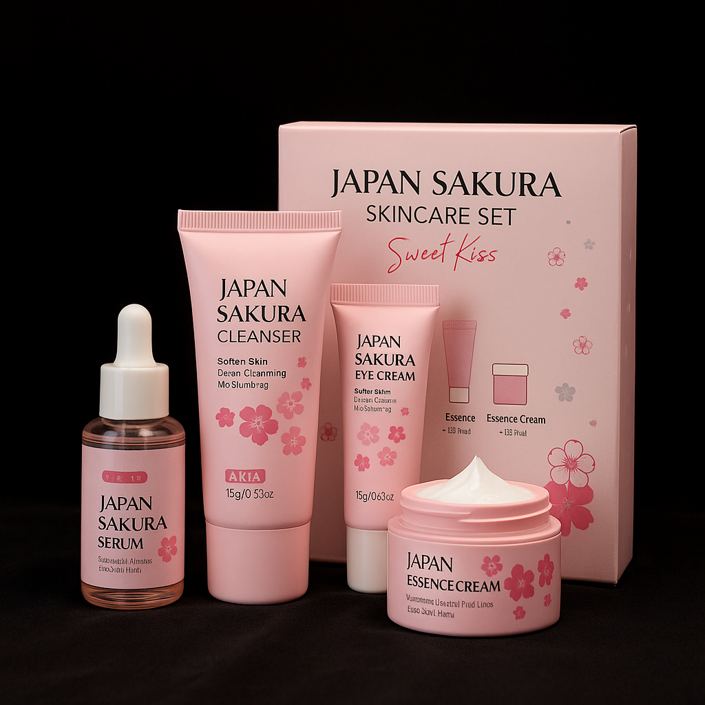 Sakura skin care sets with cleanser, serum, eye cream, facial cream, sunscreen beauty products for women, travel skin care kit