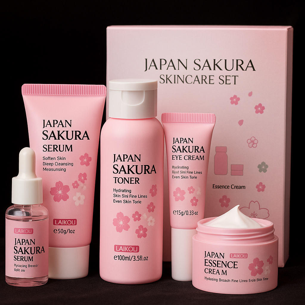Sakura skin care sets with cleanser, serum, eye cream, facial cream, sunscreen beauty products for women, travel skin care kit