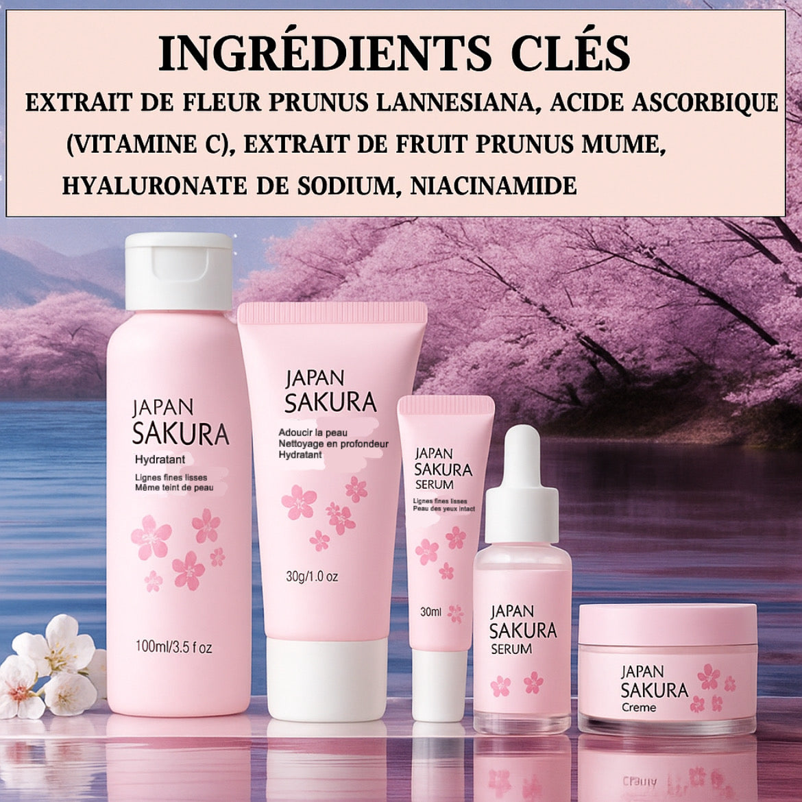 Sakura skin care sets with cleanser, serum, eye cream, facial cream, sunscreen beauty products for women, travel skin care kit